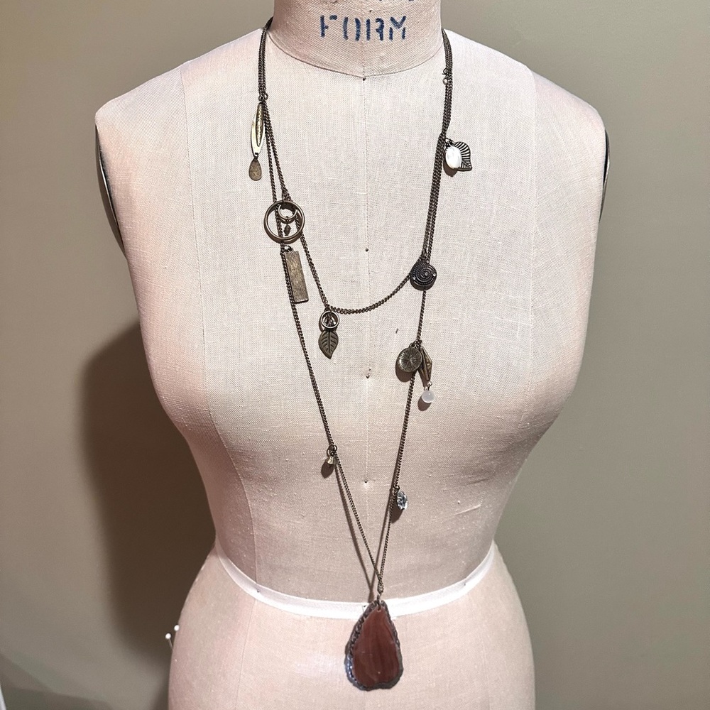 Cool Multi-Layered Necklace with Stone Pendant and Brass Colored Charms